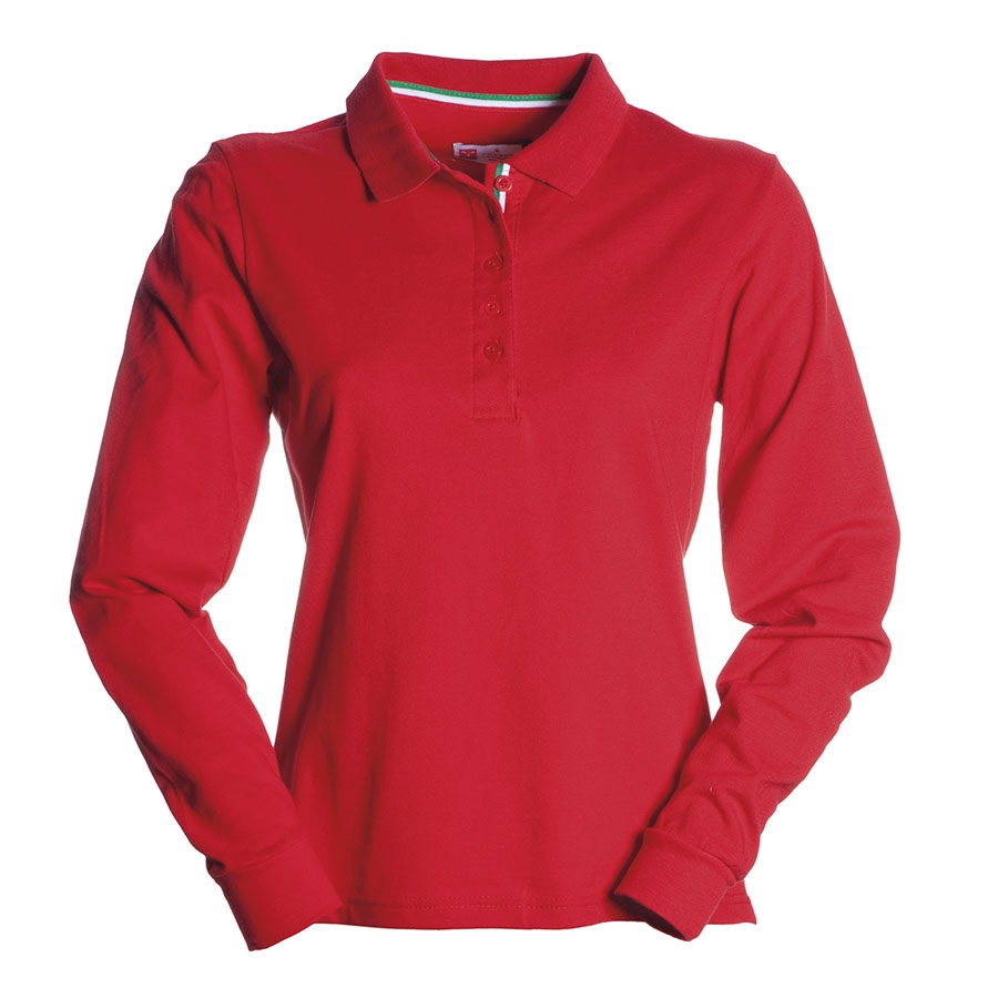 Polo donna rossa da personalizzare manica lunga colletto tricolore Long Nation Lady Toppe e patch ricamate personalizzate