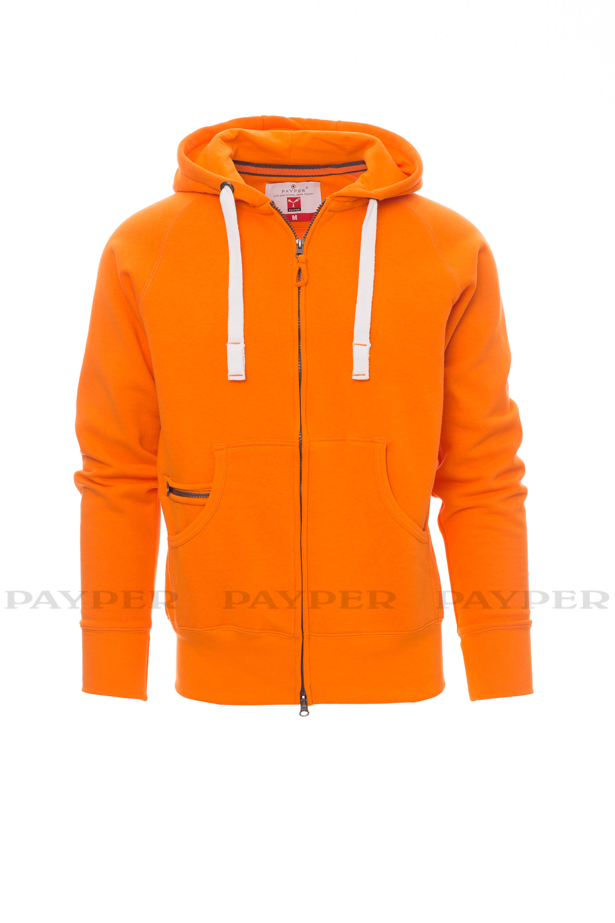 Felpa uomo arancione con zip in plastica e cappuccio da personalizzare  Dallas+ » Toppe e patch ricamate personalizzate